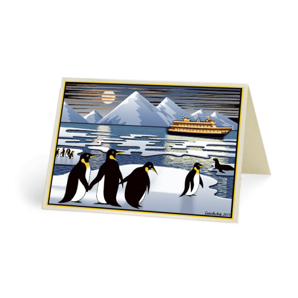 A Christmas card reproduction of my original hand painted artwork depicting a colony of Penguins seeing a lit up cruise ship appearing in the Antartic